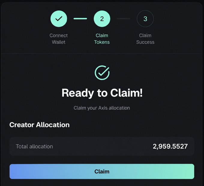 A crypto wallet interface shows “Ready to Claim!”, “Claim your Axis allocation,” “Creator Allocation,” “Total allocation 2,959.5527,” and a “Claim” button.