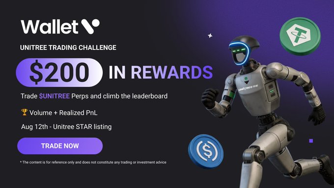 A promotional graphic for a Wallet 'UNITREE TRADING CHALLENGE' offering $200 in rewards for trading $UNITREE Perps, featuring a futuristic robot mascot and a 'TRADE NOW' button.