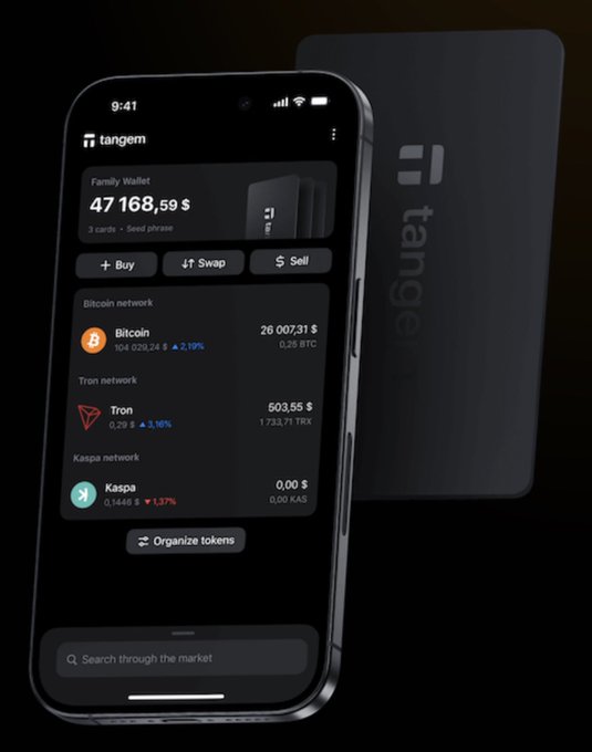 A smartphone displaying the Tangem crypto wallet app with a Family Wallet balance of $47,168.59, showing holdings for Bitcoin, Tron, and Kaspa networks.