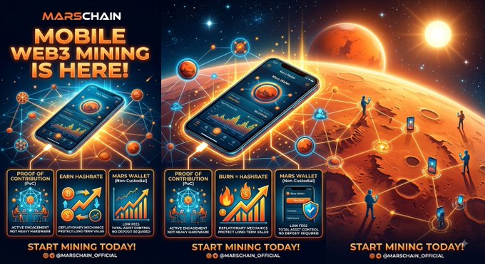 A promotional banner for "MARSCHAIN" advertising "MOBILE WEB3 MINING IS HERE!" with imagery of Mars, smartphones, and features like "PROOF OF CONTRIBUTION (PoC)," "EARN HASHRATE," "BURN + HASHRATE," and "MARS WALLET," encouraging viewers to "START MINING TODAY!"