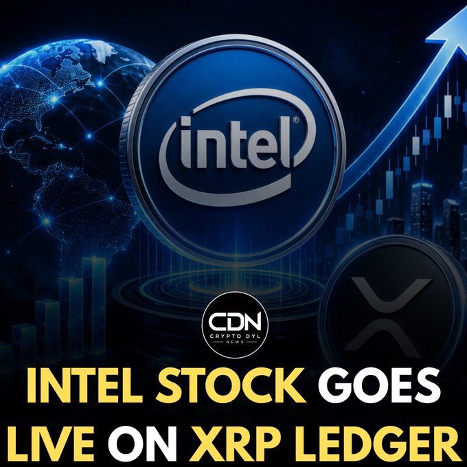 A promotional graphic from CDN Crypto DVL News announces "INTEL STOCK GOES LIVE ON XRP LEDGER," featuring the Intel logo prominently alongside an XRP coin and an upward-trending chart, visually reinforcing the news of Intel stock's integration with the XRP Ledger.