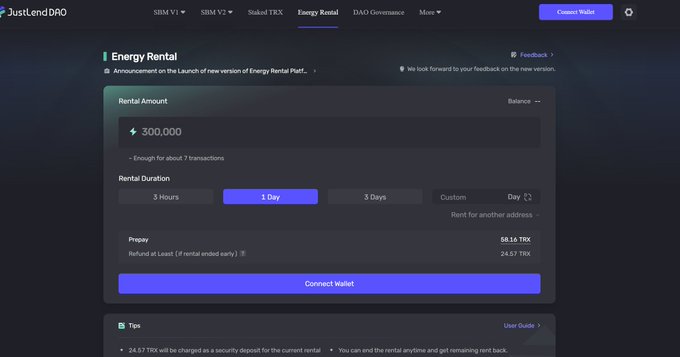 The image shows a screenshot of an EnergyRentDAO website, with information displayed about energy trading. The focus on transaction efficiency plays an essential role in attracting users like JustLendDAO, which has seen its base rate drop from 15% to 8%. This decrease in energy costs allows for more efficient transactions and potential higher profits for investors. By paying close attention to this factor, EnergyRentDAO can continue to grow its user base and maintain a competitive edge within the DeFi space.