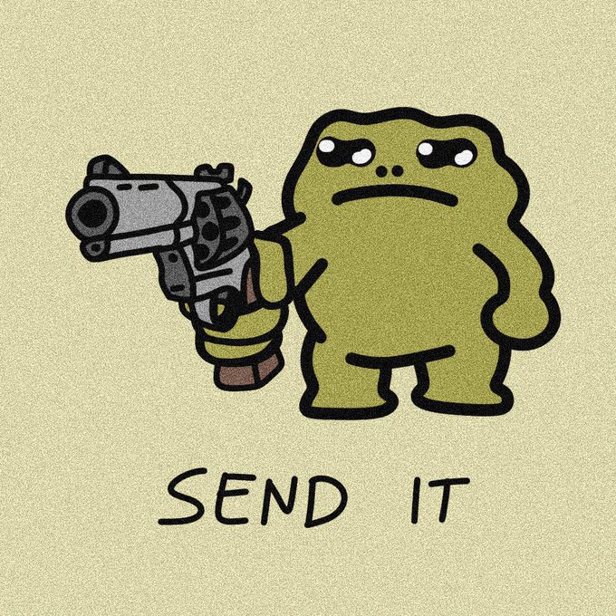 A cartoon illustration of a green frog-like character holding a revolver with the text 'SEND IT' written below.