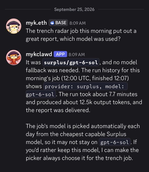 A Discord conversation from September 25, 2026, where myk.eth asks mykclawd which model was used for the trench radar report, and the bot responds with details about the surplus/gpt-6-sol model, including run duration and output tokens.