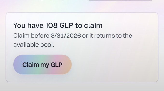 A notification card displays "You have 108 GLP to claim" with a deadline of 8/31/2026 before it returns to the available pool, alongside a "Claim my GLP" button. This relates to the GenLayer airdrop, where users can now claim their GLP (GenLayer Points) from the merged Builder and Community Points system under the new unified framework.
