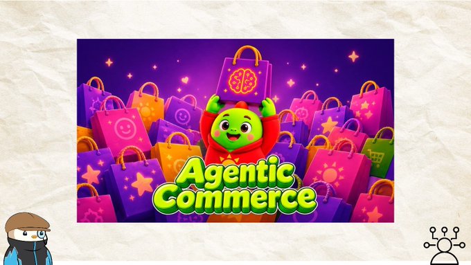 An illustration features a green mascot character holding up a shopping bag, surrounded by colorful shopping bags with the text 'Agentic Commerce' displayed prominently.