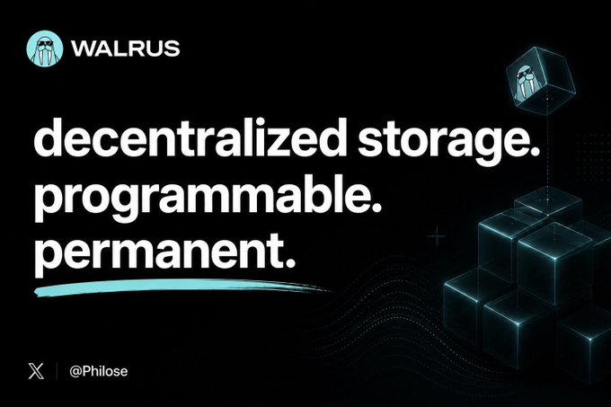 A promotional graphic for WALRUS with the tagline 'decentralized storage. programmable. permanent.' The image features a WALRUS logo, a 3D cube illustration, and the Twitter handle @Philose at the bottom left, set against a dark background with light blue accents.
