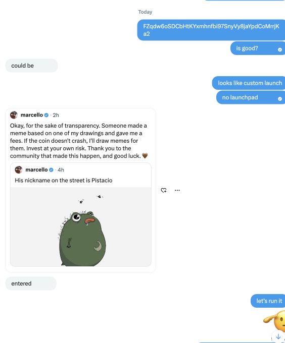A text conversation discussing a meme based on a user's drawing, with messages including a wallet address 'F2qdw6oSDCbHtKYxmhnfbi97SnyVy8jaYpdCoMrrjka2', 'Is good?', 'looks like custom launch', and 'no launchpad', alongside embedded posts by 'marcello' showing a frog meme and mentioning the name 'Pistacio'.