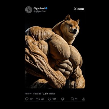 A screenshot of a post by Gigachad (@gigachad) featuring a hyper-muscular anthropomorphic Shiba Inu character, with the caption "JUST IN: The official $GIGA X account follows the $SWOGE X account causing speculations." The image humorously pairs the meme with the news by depicting a buff Shiba Inu—symbolizing $SWOGE—gaining strength from its connection to the Gigachad $GIGA account.