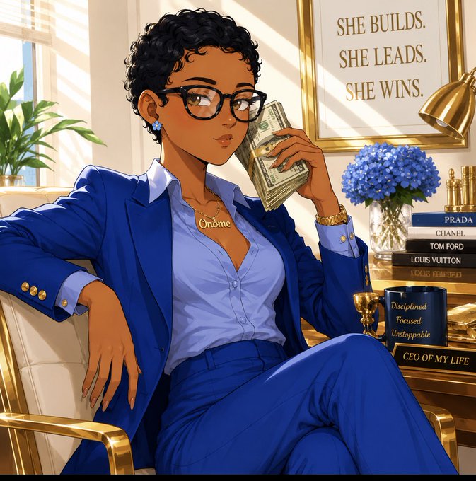 An anime-style illustration of a woman in a blue suit and glasses holding a fan of cash, with an 'Onome' name necklace. A sign behind her reads 'SHE BUILDS. SHE LEADS. SHE WINS.', and books on a side table are labeled with luxury brands 'PRADA', 'CHANEL', 'TOM FORD', and 'LOUIS VUITTON', alongside a mug labeled 'Disciplined Focused Unstoppable'.