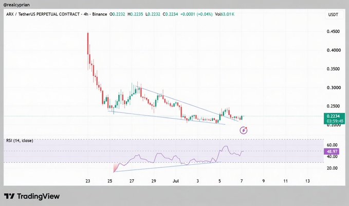 A TradingView 4-hour chart shows ARX/USDT Perpetual Contract on Binance trading at $0.2234 (down ~0.04%) with a falling wedge pattern near the $0.2232 support, accompanied by an RSI(14) reading of 39.84, suggesting a potential breakout setup that aligns with the poster's bullish undervaluation thesis for the recently launched privacy-focused project.