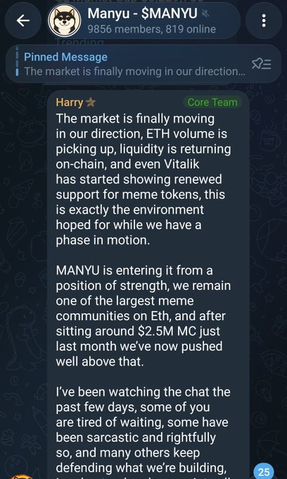 A Telegram group chat screenshot for "Manyu - $MANYU" (9856 members) showing a pinned message from Core Team member Harry discussing the ETH market moving in their direction, increased volume, and Vitalik's support for meme tokens.