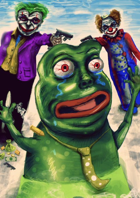 Surreal meme illustration combining Pepe the Frog crying with Joker characters aiming guns in the background, along with money and cigarette imagery.