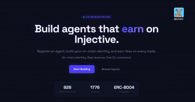 The image features a website with a dark blue background, displaying an advertisement for a new service called "Build Agents that Earn On Injective." The text on the page explains that this service allows users to build agents that generate income through trading. It also mentions that there are agents available for registration and building.