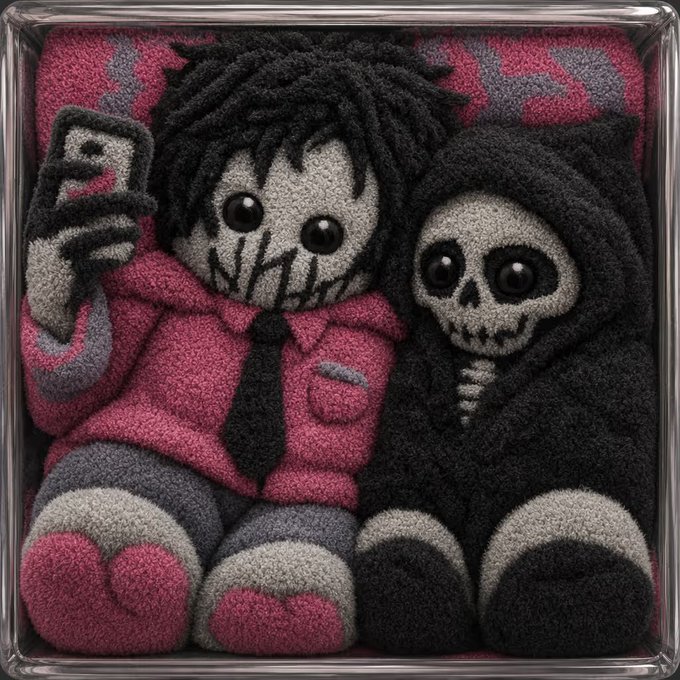 Two fuzzy plush figures sit side by side on a patterned surface; one has black hair and holds up a phone while taking a selfie, and the other is a hooded skeleton figure in black.