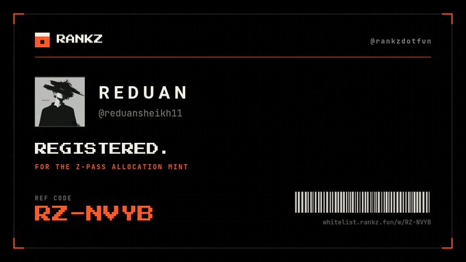 A RANKZ registration confirmation card for user 'REDUAN' (@reduansheikh11), showing registration for the Z-Pass allocation mint with reference code 'RZ-NVY8'.