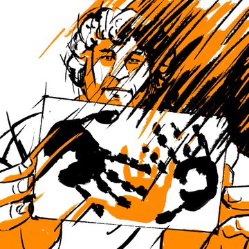 A charcoal and orange sketch of a figure holding a canvas with chaotic black paint streaks, paired with a thank-you post celebrating a two-piece NFT sale collaboration with @NFTpopupstudio on the Tezos blockchain via @objkt, floor priced at 3 XTZ.