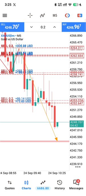 A mobile trading app chart for XAU/USDm (Gold vs US Dollar) on the M5 timeframe, showing a sharp downward price movement with multiple sell stop orders and profit/loss annotations in USD.