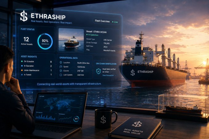 A digital dashboard branded 'ETHRASHIP' displays fleet management metrics for real assets including vessels, showing '12 Active Vessels' and '92% Operational' with details for the 'ETHRA OCEAN' cargo ship, set against a harbor background.
