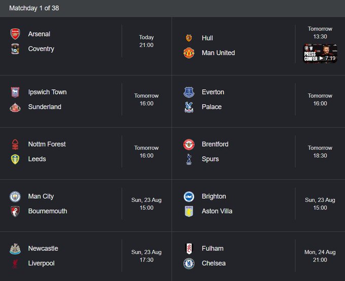 A screenshot of Matchday 1 of 38 football fixtures, featuring upcoming matches including Arsenal vs Coventry (Today 21:00), Hull vs Man United (Tomorrow 13:30), and others scheduled through Monday, August 24th.