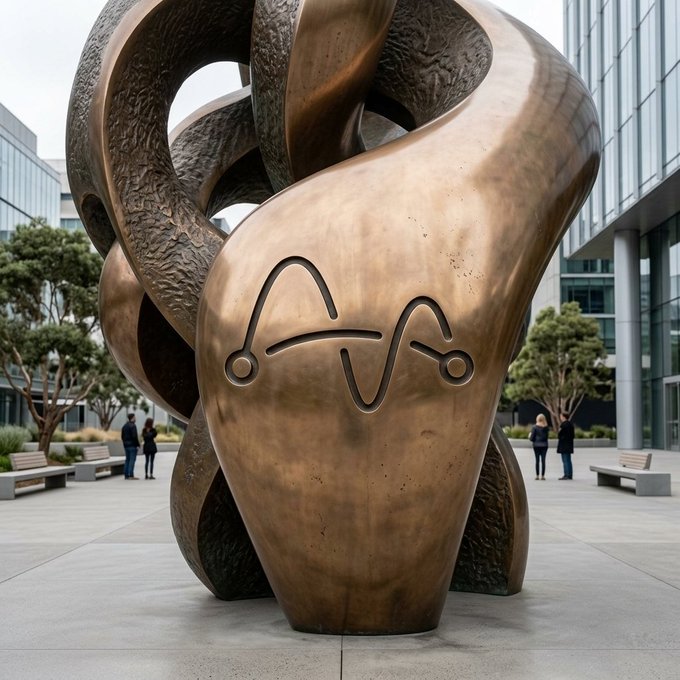 A large bronze-colored sculpture with a stylized face design stands in a modern plaza between glass office buildings, with people walking nearby.