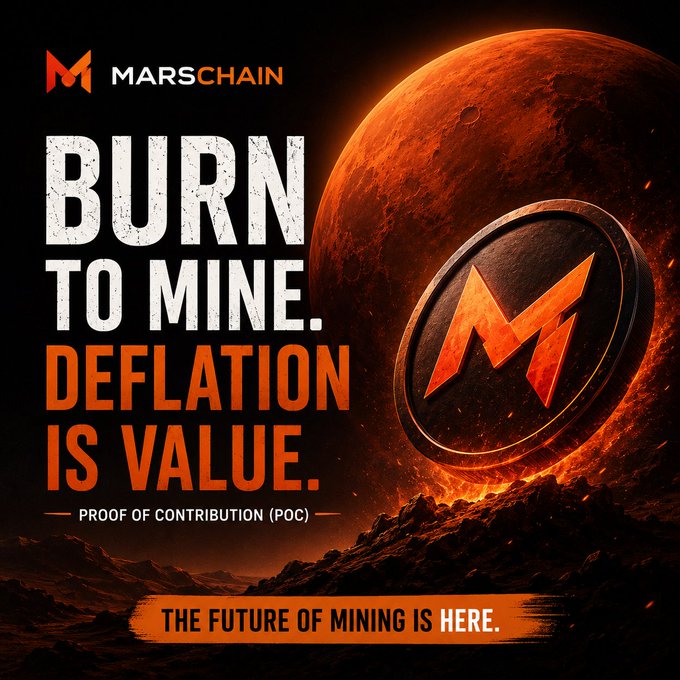 A promotional graphic for MarsChain featuring a fiery Mars-like planet with the $MARS coin, displaying the text "BURN TO MINE. DEFLATION IS VALUE." and "PROOF OF CONTRIBUTION (PoC)" alongside the tagline "THE FUTURE OF MINING IS HERE." The image visually reinforces the post's concept of burn-to-mine mining, where tokens are permanently destroyed to earn mining rights, with the burning Mars imagery symbolizing the deflationary mechanism that underpins the protocol's value proposition.