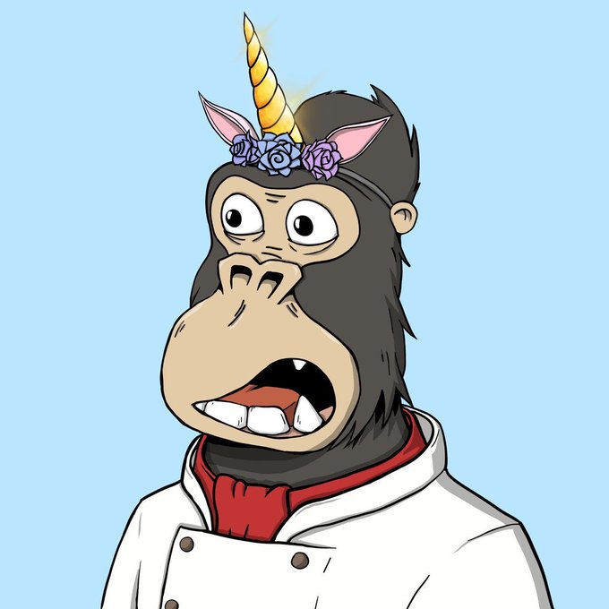 A cartoon illustration depicts a surprised-looking monkey or gorilla wearing a white chef's coat, a red neckerchief, and a floral unicorn horn headband.