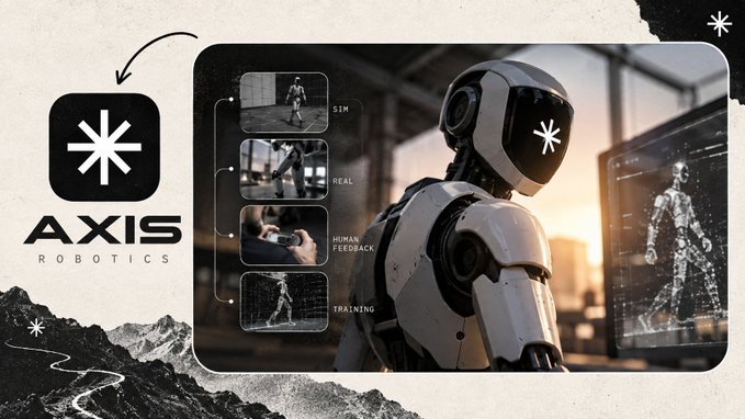Promotional graphic for "AXIS ROBOTICS" featuring their asterisk logo, a humanoid robot, and a process diagram labeled "SIM," "REAL," "HUMAN FEEDBACK," and "TRAINING."