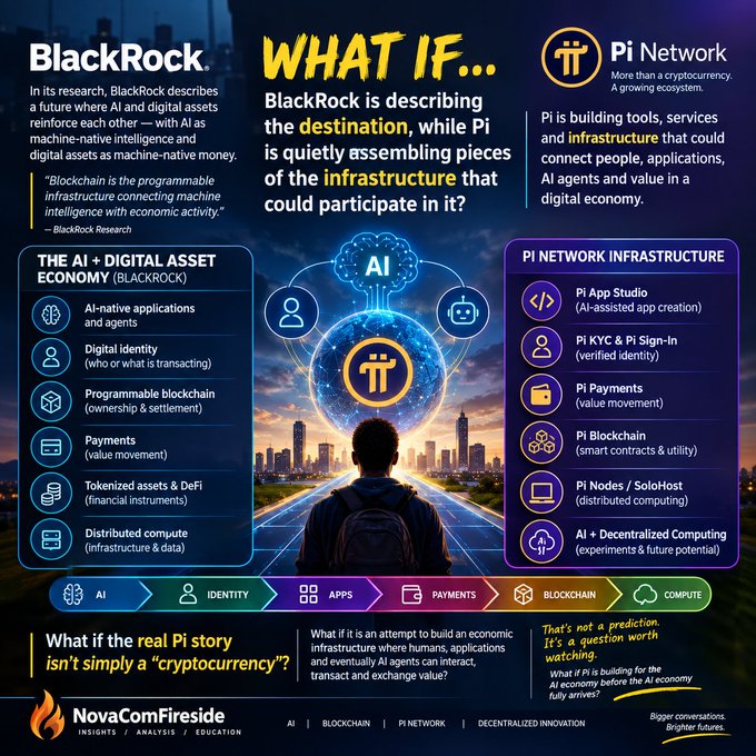A NovaComFireside infographic comparing BlackRock's 'AI + Digital Asset Economy' vision with Pi Network infrastructure, featuring sections on Pi App Studio, Pi KYC, Pi Payments, Pi Blockchain, and Pi Nodes, with the question 'What if the real Pi story isn't simply a cryptocurrency?'