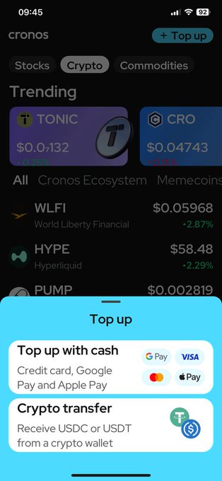 Crypto app screenshot showing the Cronos app with trending tokens (TONIC, CRO, WLFI, HYPE, PUMP) and a 'Top up' panel offering cash payments via Google Pay/Visa/Mastercard/Apple Pay or crypto transfers of USDC/USDT.