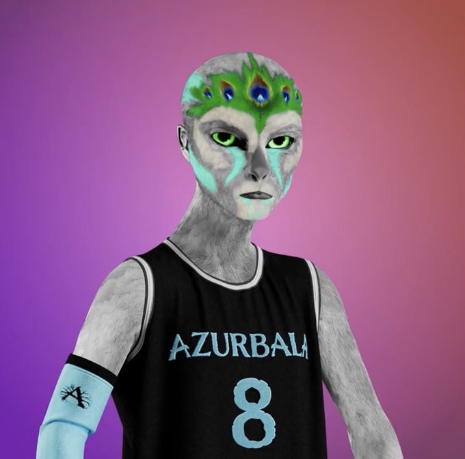This NFT features an alien character with peacock feather markings on its head, wearing a black "AZURBALIA" basketball jersey with the number 8. The accompanying post, "Only NFT OG’s will remember this," suggests this is a reference to an early or iconic NFT project.