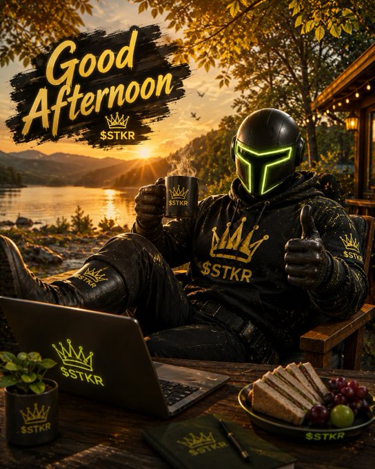 A digital artwork featuring a figure in a glowing green helmet and black 'SSTKR' branded tracksuit sitting at a desk with a matching mug and laptop, set against a sunset lake scene with 'Good Afternoon SSTKR' text.