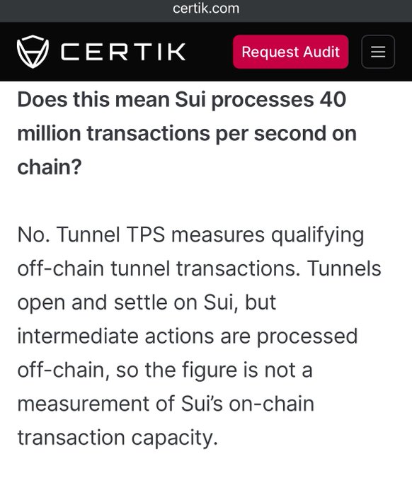 A screenshot from certik.com featuring a Q&A section that clarifies Sui's off-chain 'Tunnel TPS' measurement does not reflect its on-chain transaction capacity.