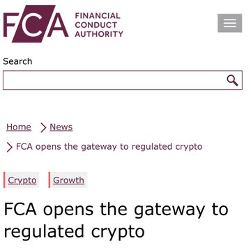 An FCA (Financial Conduct Authority) webpage announcing 'FCA opens the gateway to regulated crypto' with tags for Crypto and Growth.