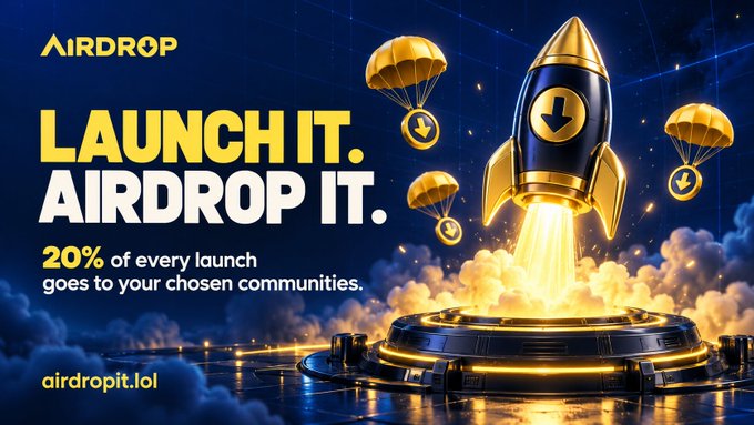 An advertisement graphic featuring a rocket and parachutes with text 'AIRDROP', 'LAUNCH IT. AIRDROP IT.', '20% of every launch goes to your chosen communities.', and 'airdropit.lol'.