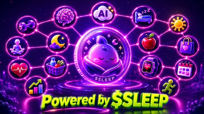 A neon purple infographic titled 'Powered by $SLEEP' showing a central sleeping character token surrounded by various lifestyle icons like an apple, dumbbells, and a smartwatch.