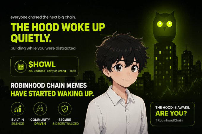 A promotional graphic with an anime-style boy, a glowing owl perched on a city skyline, and text reading 'THE HOOD WOKE UP QUIETLY' and 'ROBINHOOD CHAIN MEMES HAVE STARTED WAKING UP. THE HOOD IS AWAKE. ARE YOU? #RobinhoodChain'.