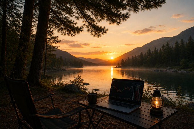 A serene lakeside scene at sunset with a laptop showing a stock chart, a coffee mug, and a lit lantern on a wooden table beside a camping chair.