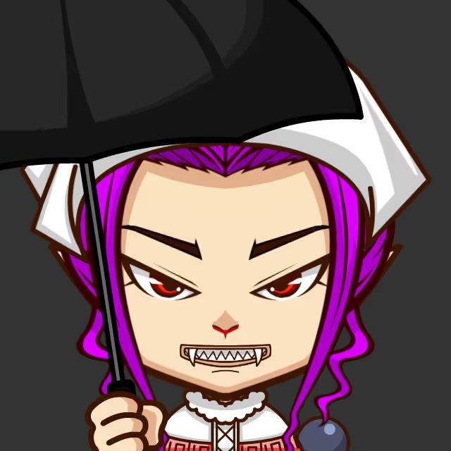 A digital chibi-style illustration of an angry-looking character with bright magenta hair, red eyes, and fangs, holding a black umbrella.