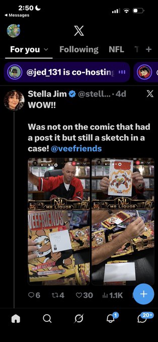 A mobile screenshot of X (Twitter) showing a post by Stella Jim (@stell_.) captioned 'WOW!! Was not on the comic that had a post it but still a sketch in a case! @veefriends' with a photo collage of a Veefriends comic and a sketch.