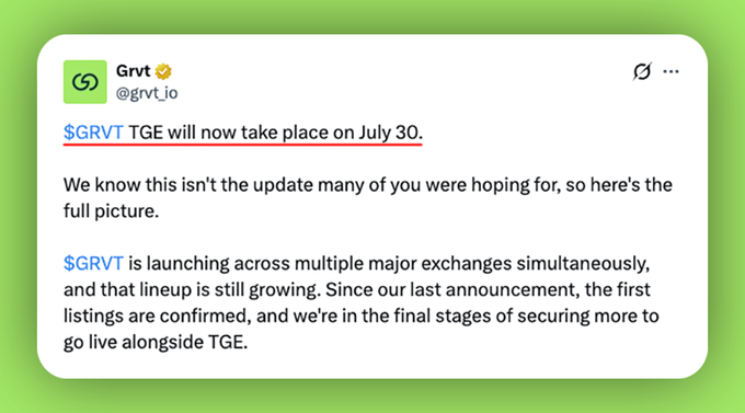 The image shows a tweet from Grvt (@grvt_io) announcing that the $GRVT TGE has been rescheduled to July 30, explaining the delay was to secure listings across multiple major exchanges simultaneously, with some confirmed and others in final stages. The visible text directly supports the accompanying post's information about the TGE postponement and the reasoning behind launching on additional exchanges for a stronger debut.