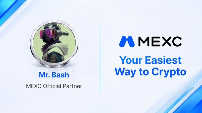 A promotional banner for MEXC featuring 'Mr. Bash' as an 'Official Partner' with the tagline 'Your Easiest Way to Crypto' beside a circular character image wearing a gas mask.