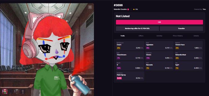 A split-screen showing a cartoon-style avatar with red hair and cat headphones holding a spray can on the left, alongside a crypto trading interface on the right displaying the token 'Notorio Cousins' (#3699) with various listed traits and their percentage distributions.
