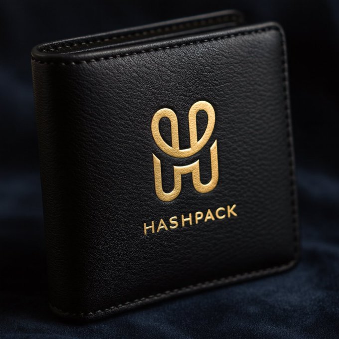 A black leather bifold wallet with a gold logo and the word 'HASHPACK' embossed on it, resting on a dark fabric background.