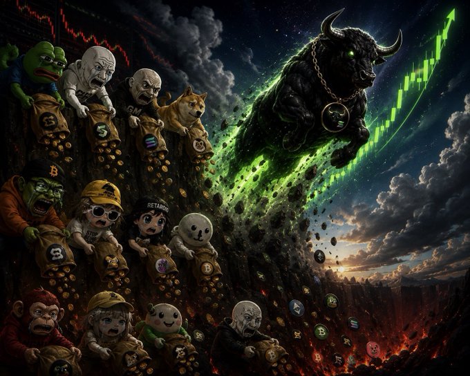 A fantasy crypto-themed illustration featuring a massive black bull charging alongside a green rising price chart, with various meme characters like Pepe, Wojak, and Doge sitting on bags of coins.