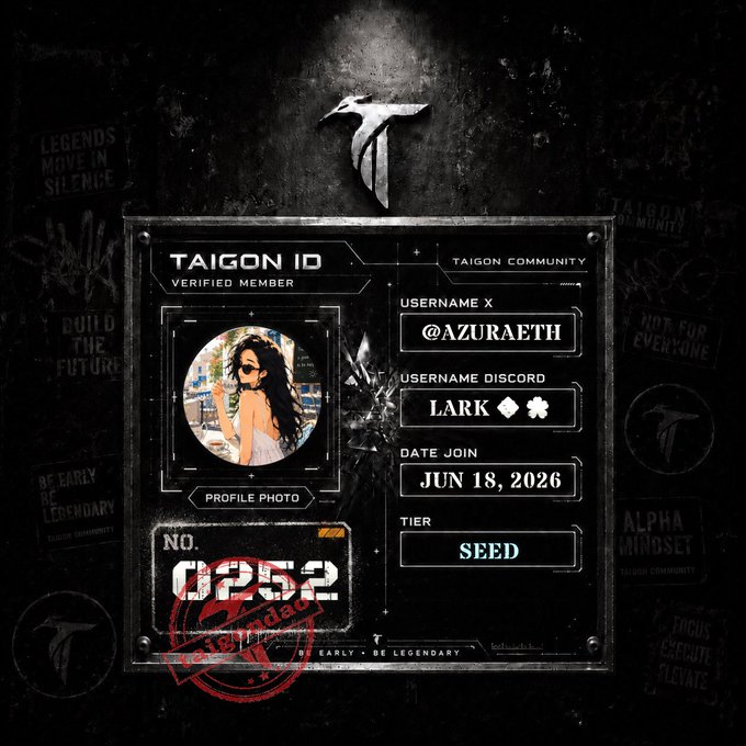 The image features a black background with white text, including a profile picture of a woman wearing sunglasses and the words "taigondao" and "@taigondao". The text also includes information about joining a community or group on social media platforms like Twitter and Instagram.