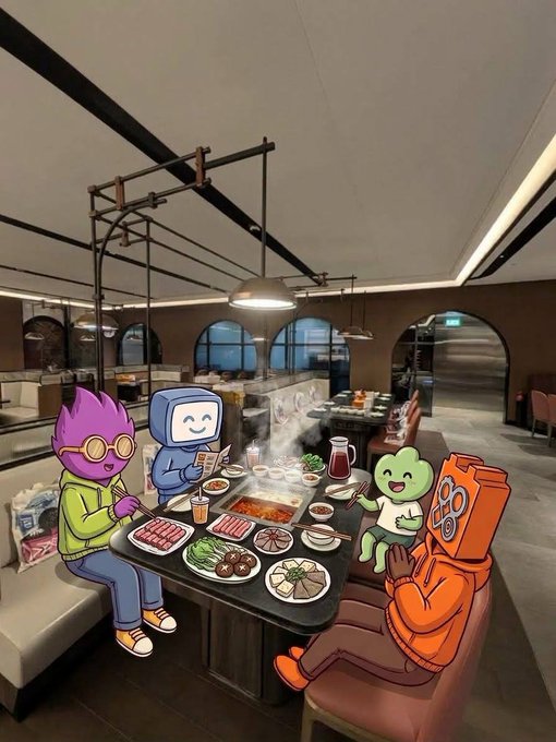 A cartoon illustration showing four characters having hot pot together at a restaurant table with various ingredients and steaming pots.