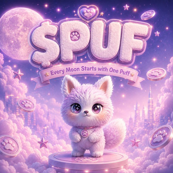 A pastel pink and purple fantasy promotional artwork featuring a cute fluffy white cat-like creature with large eyes on a pedestal, with large puffy text 'SPUF' and a banner reading 'Every Moon Starts with One Puff' set against a dreamy sky with clouds, stars, and a moon.