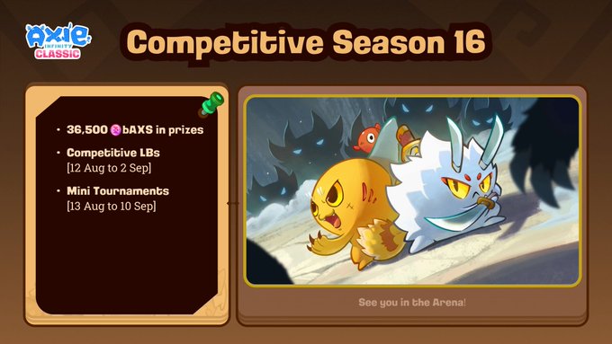 An 'Axie Infinity Classic' promotional graphic for Competitive Season 16, advertising 36,500 AXS in prizes for Competitive LBs and Mini Tournaments.