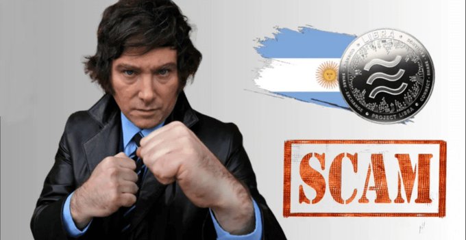 An image showing a person (appearing to be Argentine President Javier Milei) in a fighting stance alongside the Argentine flag, a cryptocurrency coin labeled "PROJECT LIBRA," and a stamp reading "SCAM," illustrating the $LIBRA scandal where Milei's promotion led to a crash affecting 44,000+ investors, with a recent court order freezing 25 wallets across major exchanges.
